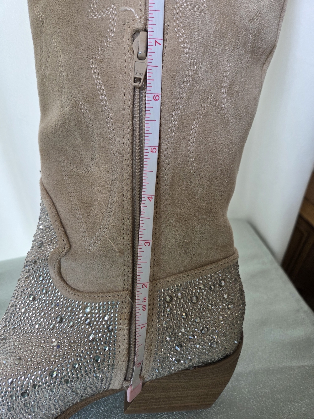 Crystal Embellished Taupe Tan Suede Knee-High Western Cow Girl Boots Madden NYC - Picture 3 of 16